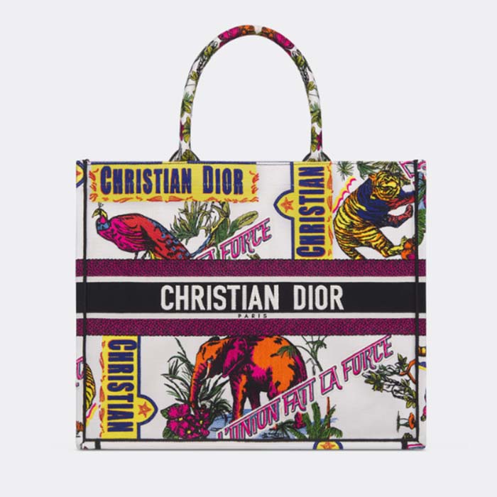 Dior Women CD Large Dior Book Tote White Multicolor Indian Animals Embroidery