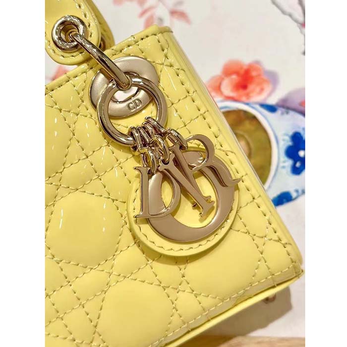 Dior Women CD Mini Lady Dior Bag Yellow Patent Cannage Lambskin (1)