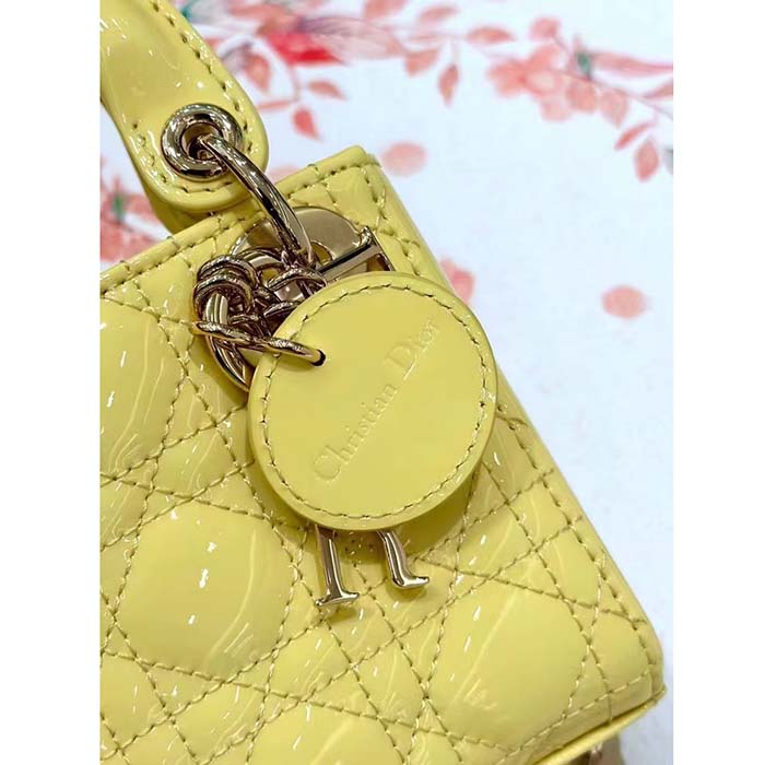 Dior Women CD Mini Lady Dior Bag Yellow Patent Cannage Lambskin (2)