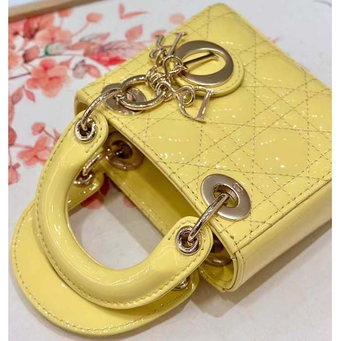 Dior Women CD Mini Lady Dior Bag Yellow Patent Cannage Lambskin (3)