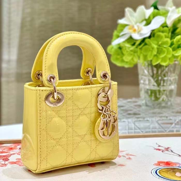 Dior Women CD Mini Lady Dior Bag Yellow Patent Cannage Lambskin (4)