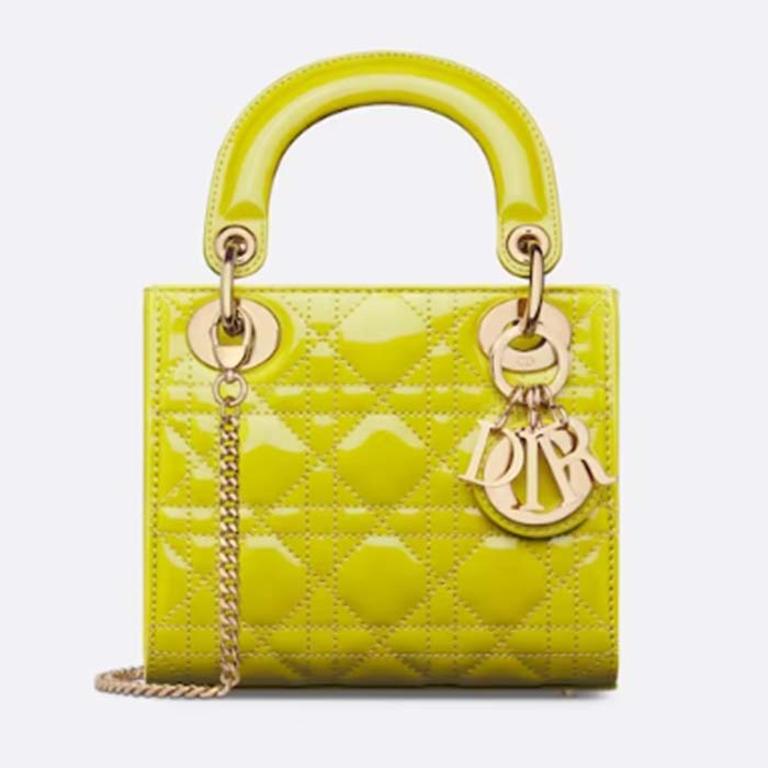 Dior Women CD Mini Lady Dior Bag Yellow Patent Cannage Lambskin