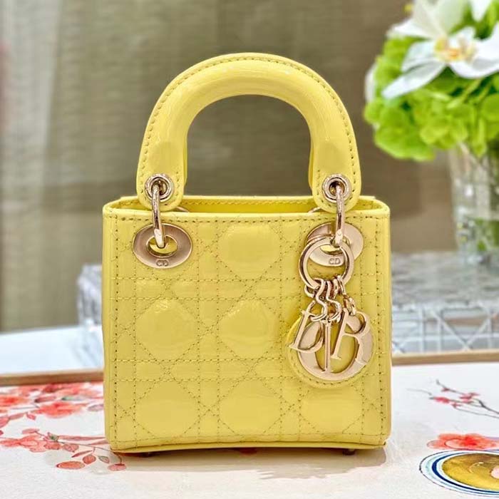 Dior Women CD Mini Lady Dior Bag Yellow Patent Cannage Lambskin (7)