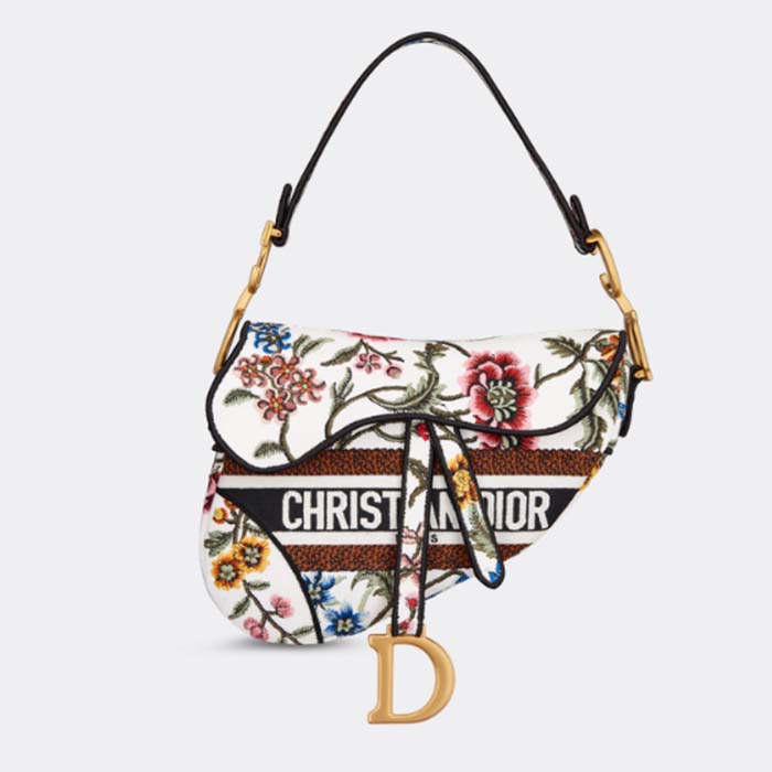 Dior Women CD Saddle Bag White Multicolor Dior Petites Fleurs Embroidery