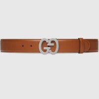 Gucci GG Unisex Buckle Wide Belt Brown Leather Double G 4 CM Width (3)