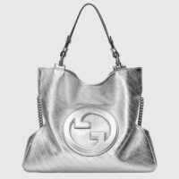 Gucci Unisex Blondie Medium Tote Bag Silver Lamé Leather Round Interlocking G (5)