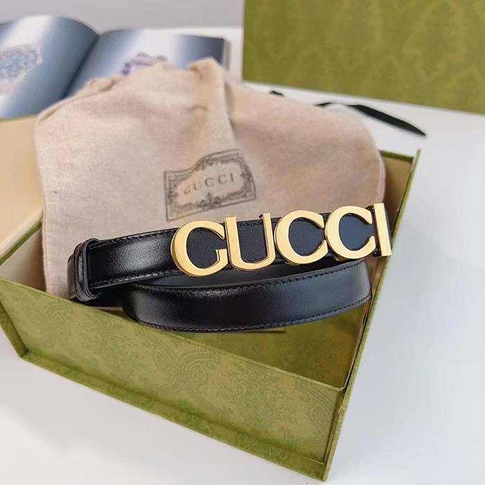 Gucci Unisex Bucket Thin Belt Black Leather Gold-Toned Hardware 2 CM Width (2)