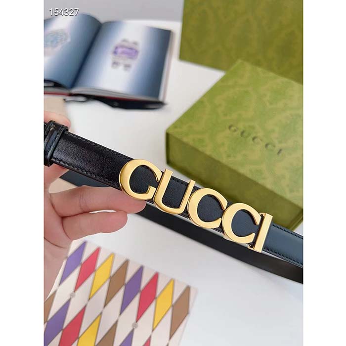 Gucci Unisex Bucket Thin Belt Black Leather Gold-Toned Hardware 2 CM Width (3)