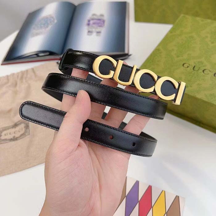 Gucci Unisex Bucket Thin Belt Black Leather Gold-Toned Hardware 2 CM Width (6)