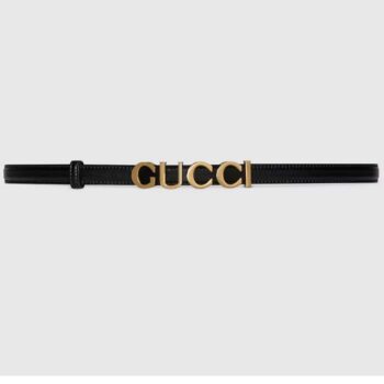 Gucci Unisex Buckle Thin Belt Black Leather Gold-Toned Hardware 1.5 CM Width