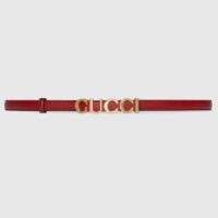 Gucci Unisex Buckle Thin Belt Red Leather Gold-Toned Hardware 1.5 CM Width