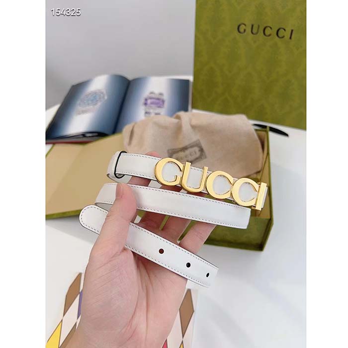 Gucci Unisex Buckle Thin Belt White Leather Gold-Toned Hardware 2 CM Width (7)