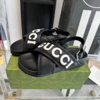 Gucci Unisex GG Gucci Sandal Smooth Black White Leather Script Rubber Buckle Flat (1)