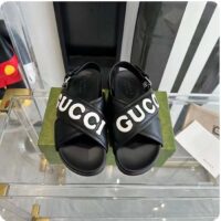 Gucci Unisex GG Gucci Sandal Smooth Black White Leather Script Rubber Buckle Flat (1)