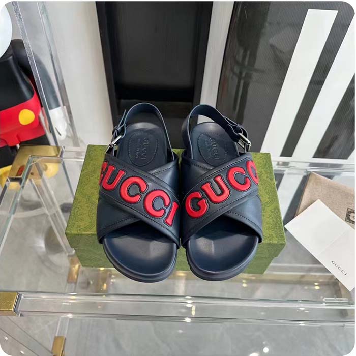 Gucci Unisex GG Gucci Sandal Smooth Blue Red Leather Script Rubber Buckle Flat (3)