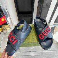Gucci Unisex GG Gucci Sandal Smooth Blue Red Leather Script Rubber Buckle Flat (8)
