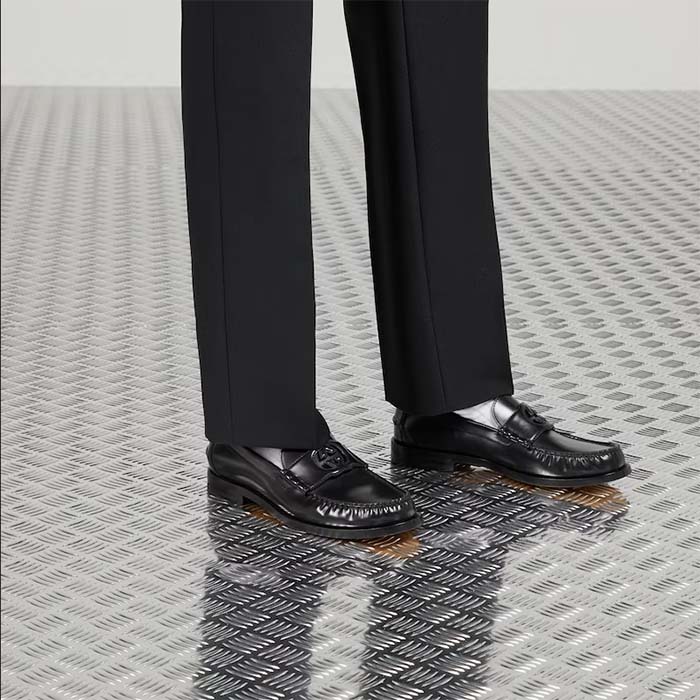 Gucci Unisex GG Interlocking G Loafer Black Leather Sole Flat 1.5 CM Heel (10)