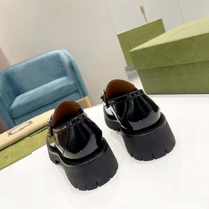 Gucci Unisex GG Loafer Interlocking G Black Leather Rubber Lug Mid 4.3 CM Heel (1)