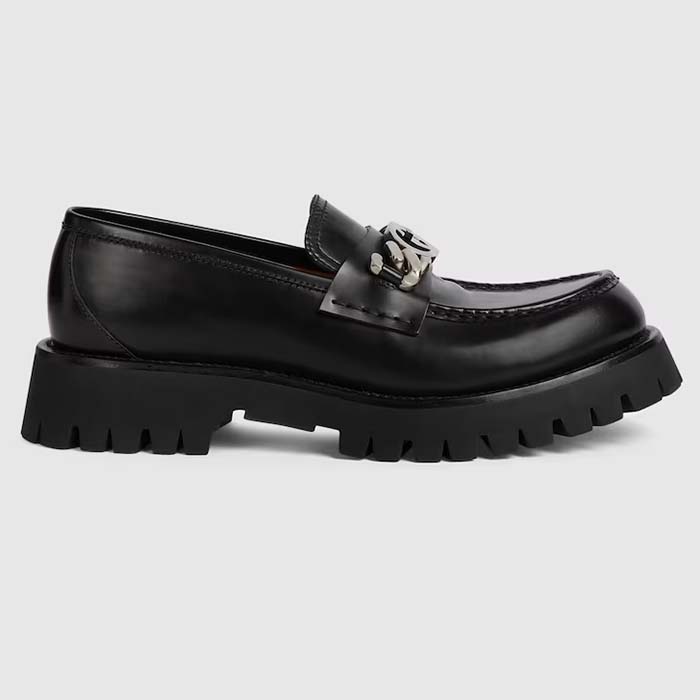 Gucci Unisex GG Loafer Interlocking G Black Leather Rubber Lug Mid 4.3 CM Heel