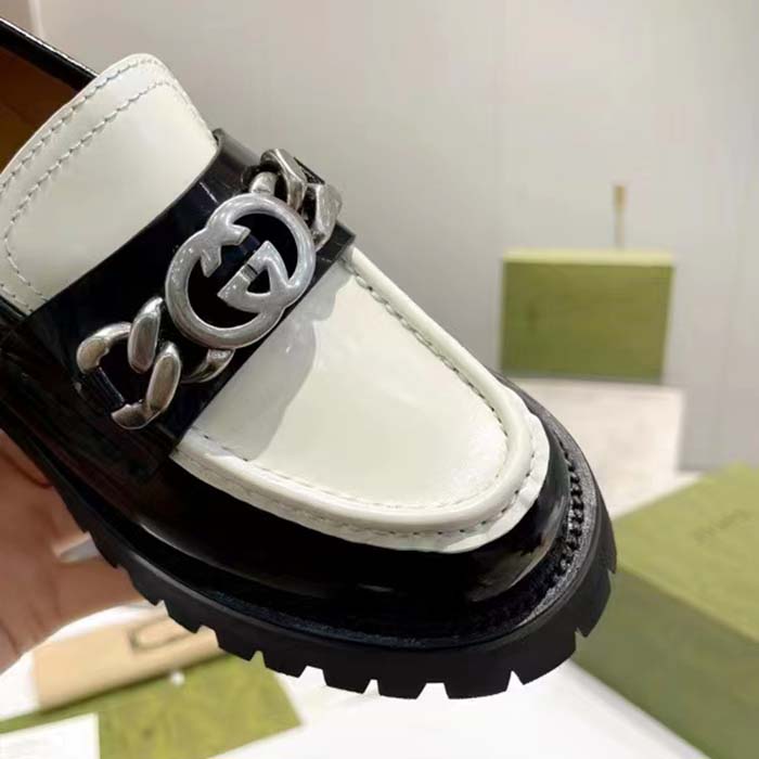 Gucci Unisex GG Loafer Interlocking G Black Off White Leather Rubber Lug Mid 4.3 CM Heel (10)