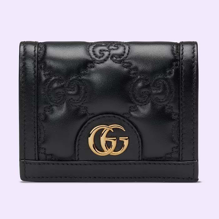 Gucci Unisex GG Marmont Card Case Wallet Black Matelassé Leather Double G