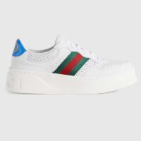 Gucci Unisex GG Sneaker Web White Leather Blue Lace-Up Flat (2)