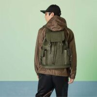 Gucci Unisex Jumbo GG Backpack Dark Green Leather Cotton Linen Top Handle (2)