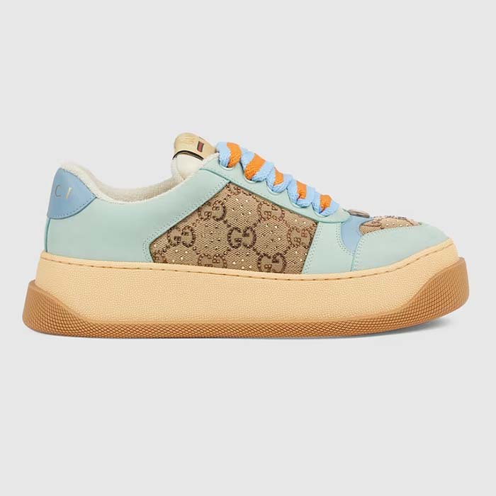 Gucci Unisex Screener Sneaker Camel Ebony GG Canvas Bi-Color Chunky Laces