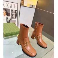 Gucci Women Boot Horsebit Brown Smooth Stretch Leather Gold Plated Block Mid Heel (7)
