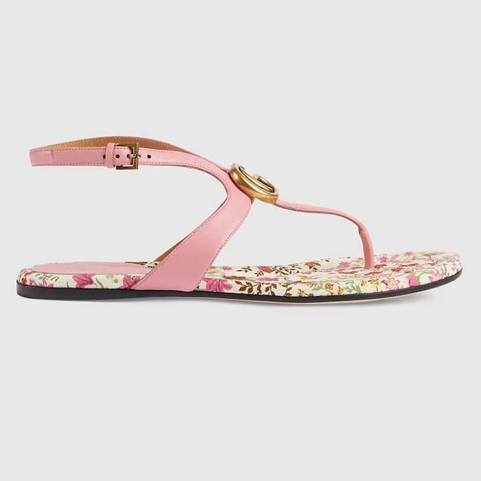 Gucci Women GG Double G Thong Sandal Pink Leather Flat 0.5 CM Heel