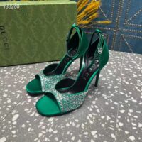 Gucci Women GG Mid-Heel Sandals Crystals Emerald Green Satin 11 CM Heel Double G (8)