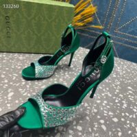 Gucci Women GG Mid-Heel Sandals Crystals Emerald Green Satin 11 CM Heel Double G (8)