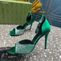 Gucci Women GG Mid-Heel Sandals Crystals Emerald Green Satin 11 CM Heel Double G (8)