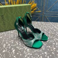 Gucci Women GG Mid-Heel Sandals Crystals Emerald Green Satin 11 CM Heel Double G (8)