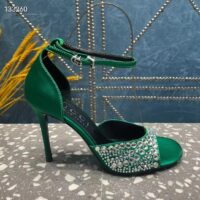 Gucci Women GG Mid-Heel Sandals Crystals Emerald Green Satin 11 CM Heel Double G (8)