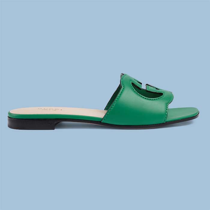 Gucci Women Interlocking G Cut Out Slide Sandal Bright Green Leather Flat