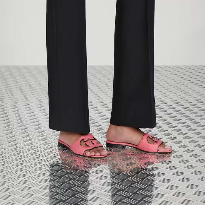 Gucci Women Interlocking G Cut Out Slide Sandal Dark Pink Leather Flat (11)