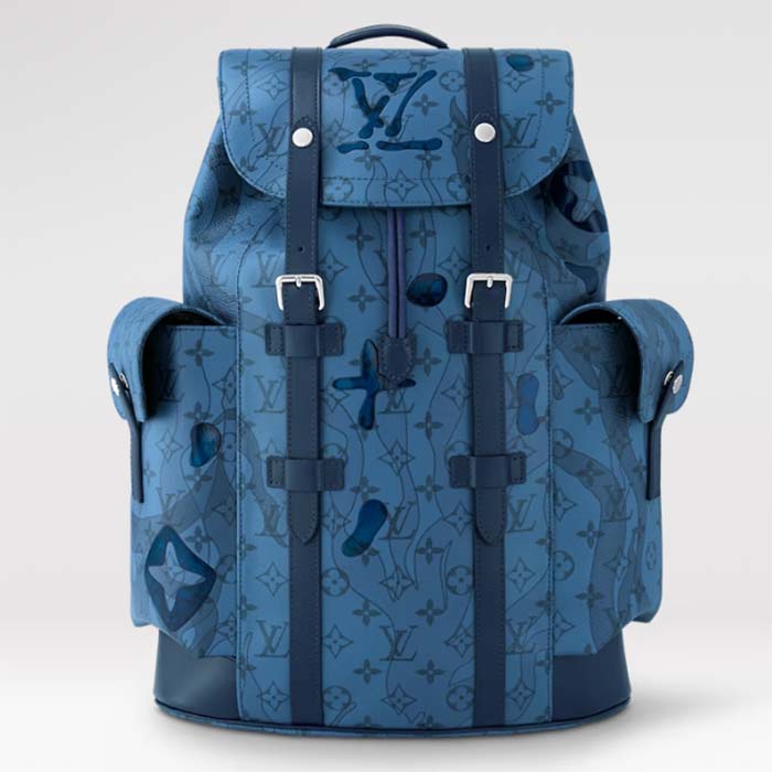 Louis Vuitton LV Unisex Christopher MM Backpack Abyss Blue Monogram Aquagarden Coated Canvas