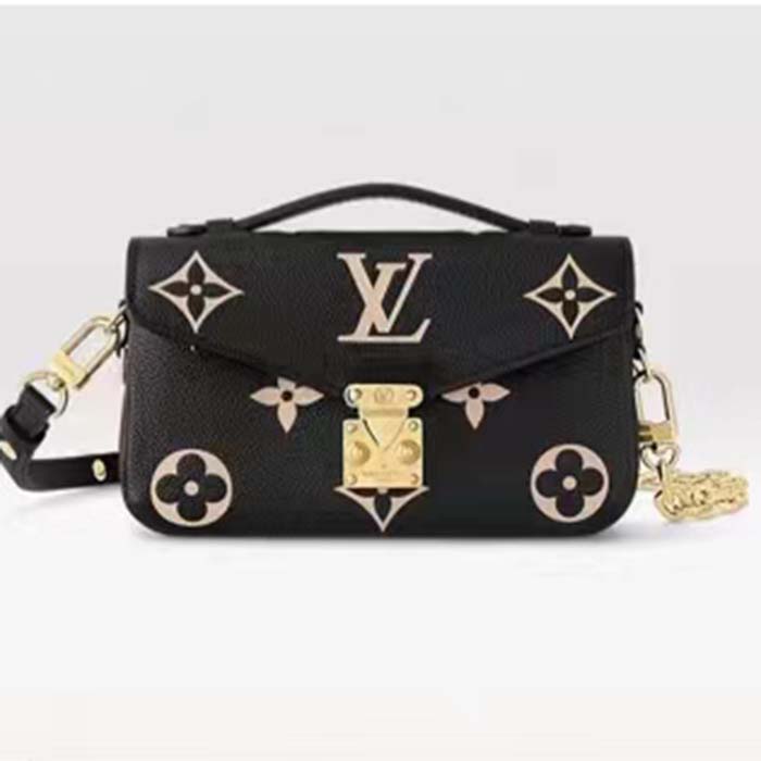 Louis Vuitton LV Women Pochette Métis East West Bag Black Beige Grained Cowhide Leather