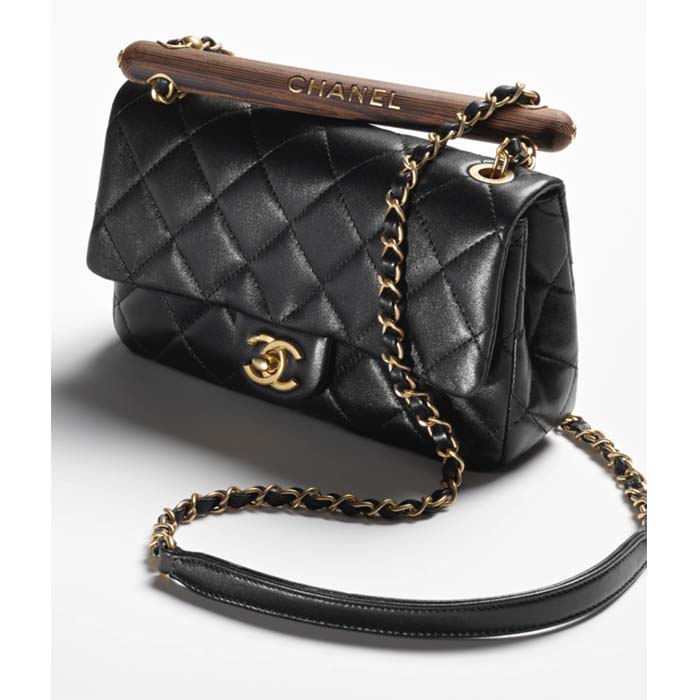 Chanel CC Women Bag Wooden Handle Black Calfskin Gold-Tone Metal