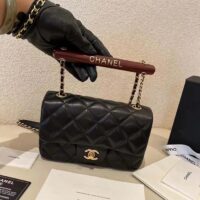 Chanel CC Women Bag Wooden Handle Black Calfskin Gold-Tone Metal