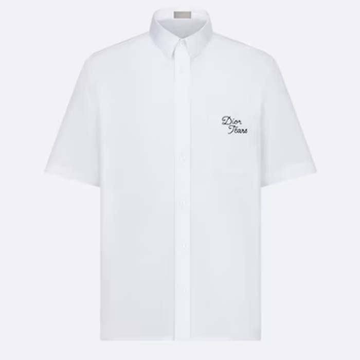 Dior Men CD Diamond Tears Short-Sleeved Shirt White Cotton Piqué Cotton Straight Hem Side Vents