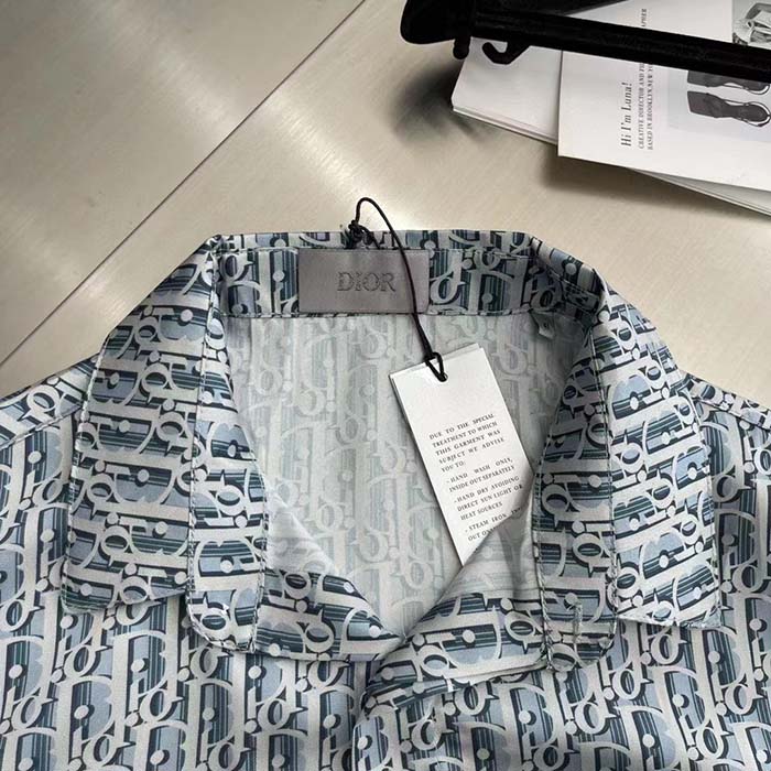 Dior Men CD Dior Oblique Short-Sleeved Shirt Blue Striped Silk Twill (9)