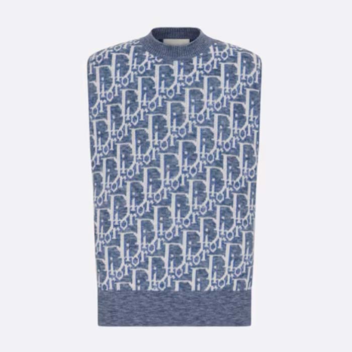 Dior Men CD Dior Oblique Sleeveless Sweater Blue Wool Jacquard Ribbed Round Neck Hem