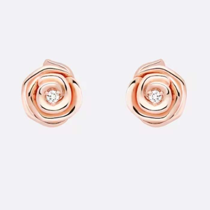 Dior Women CD Large Rose Dior Couture Earrings Pink Gold Diamonds 0.14 ct