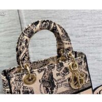 Dior Women CD Medium Lady D-Lite Bag Beige Black Plan De Paris Embroidery (7)