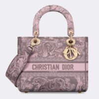 Dior Women CD Medium Lady D-Lite Bag Gray Pink Toile De Jouy Reverse Embroidery (3)