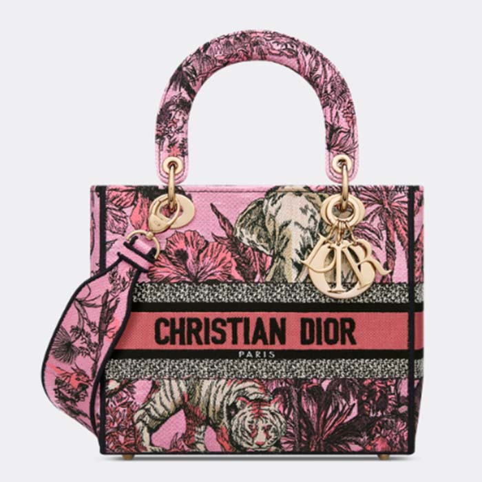 Dior Women CD Medium Lady D-Lite Bag Pink Multicolor Toile De Jouy Voyage Embroidery