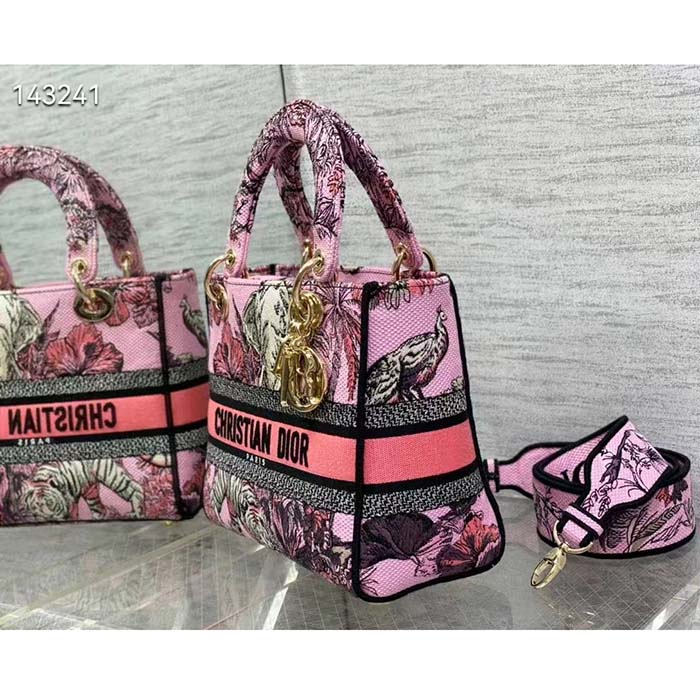 Dior Women CD Medium Lady D-Lite Bag Pink Multicolor Toile De Jouy Voyage Embroidery (5)