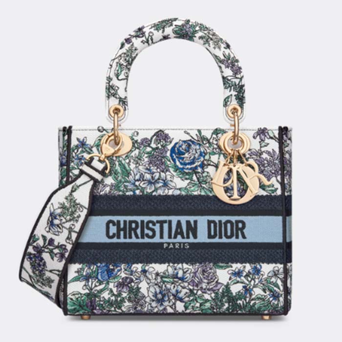 Dior Women CD Medium Lady D-Lite Bag White Multicolor Flowers Constellation Embroidery